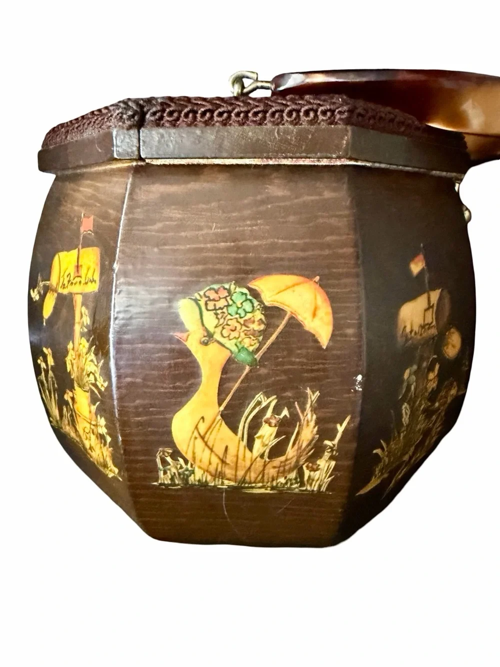 Vintage Handmade Wooden Duck Decoupage Box Purse Lucite Handle, folk art - Picture 3 of 17
